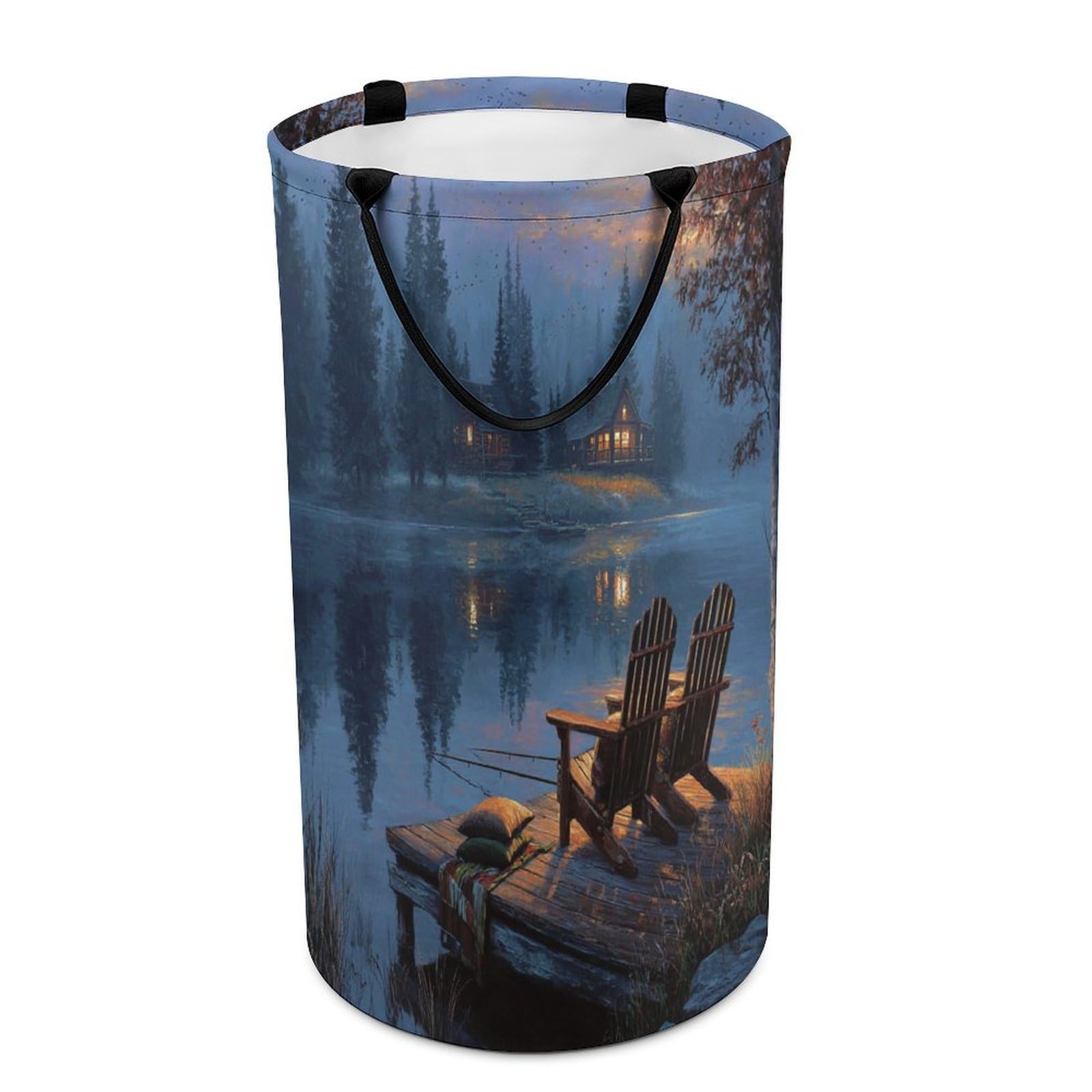 LUYYSKY Classic Rustic Fishing Theme Collapsible Dirty Clothes Basket, Beautiful Abstract Sunset Lanscape Lake Cabin Pattern Portable Clothes Storage Basket