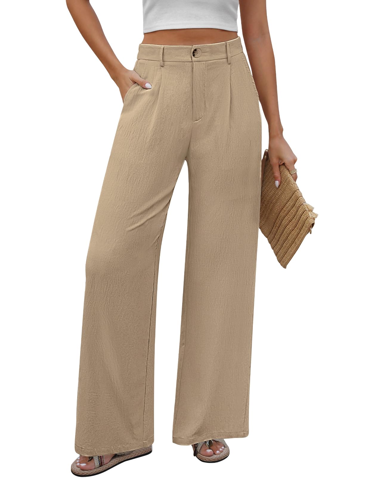 PASUDA Hose Damen Sommer Weites Bein Freizeithose Hight Waist Geradem Sommerhose Leichte Bequeme Lässige Anzughose Hosen Lang mit Taschen, Knopfleiste