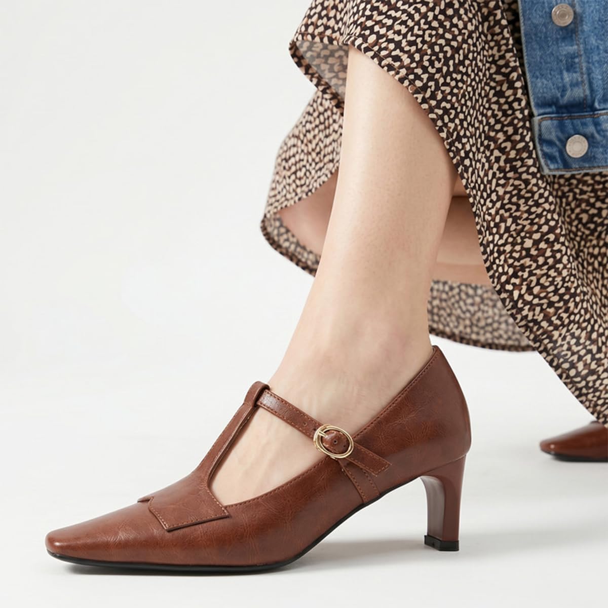 Décolleté Mary Jane Donna T-Strap Punta Quadrata Tacco Blocco