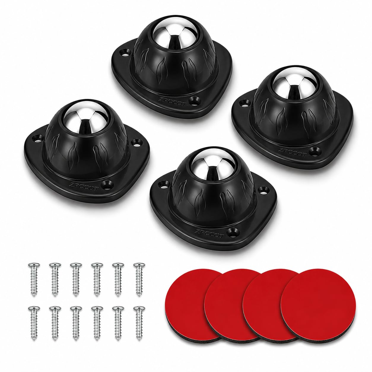ZPCCOT Self Adhesive Caster Wheels - 360° Swivel Wheels for Furniture - 1 Inch Steel Ball Caster, 200Kg Loading Capacity, Low Profile Roller for Small Appliance Storage Bins (4 PCS, Black)