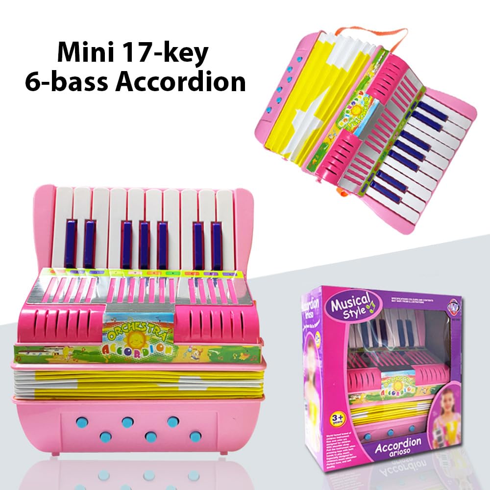 Mini Acordeón Instrumento de Botón Ecológico ABS de 17 Teclas y 6 Bajos con Correa Duradera Sonido Agradable para Práctica en Solitario Verde/Rosa 7,8 X 3,9 X 8,7 Pulgadas (PINK)