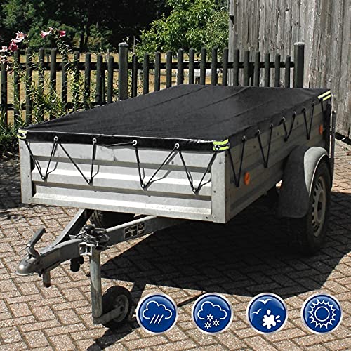 JAVOUKA Anhängerplane Flachplane mit Gummigurt 258x135x8CM - randverstärkte Wasserfest Anhänger Plane(schwarz) - PKW Anhänger Abdeckplane 500KG - 750KG für Stema DDR Hänger humbaur u. a. – Bild 8