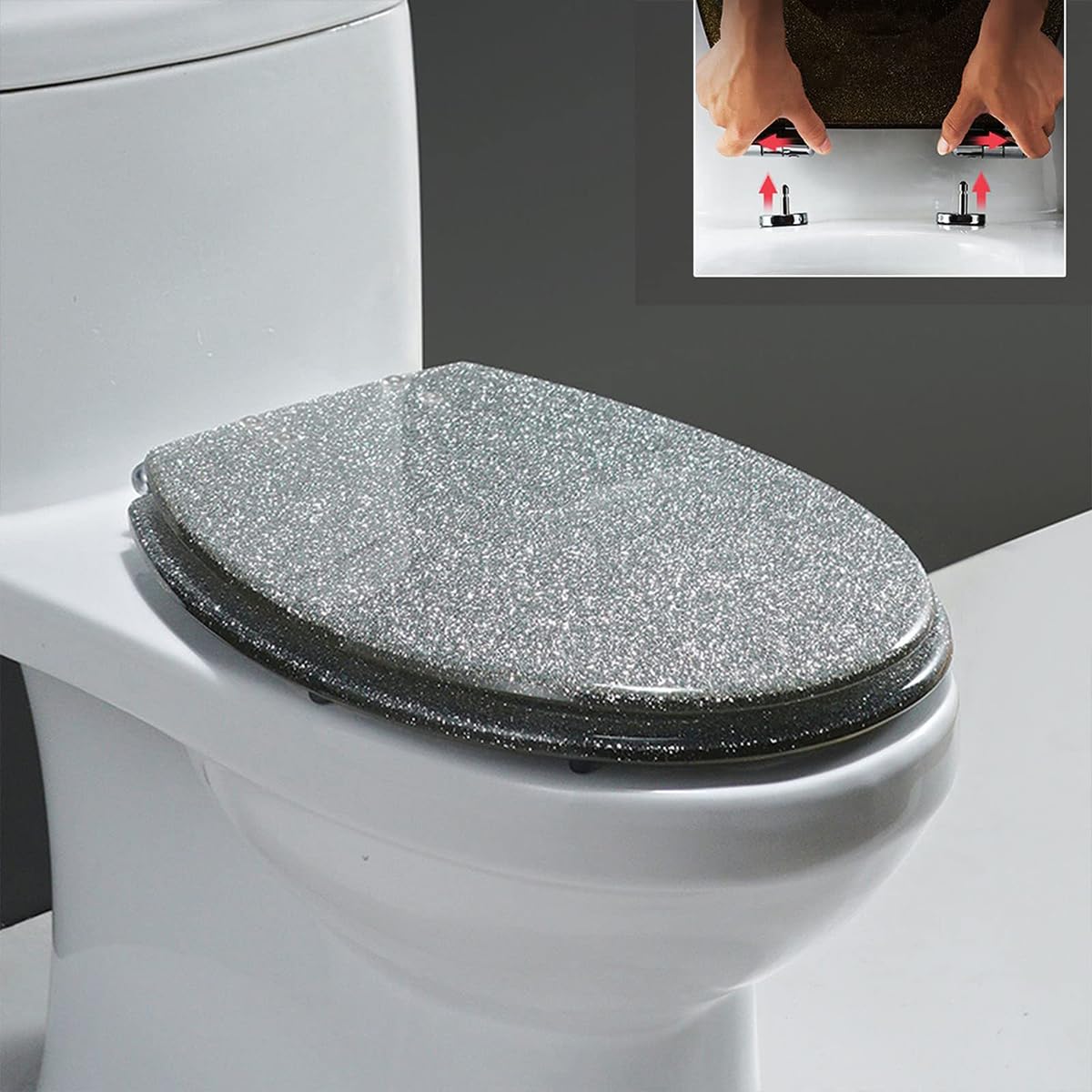 Ldhsjh Silver Glitter Resin Elongated Toilet Seat Close Close Hinges Quick Release Easy Clean Bathroom Toilet Lid, Adjustable, Lightweight, Durable, Portable, User-Friendly, Quiet, Slow