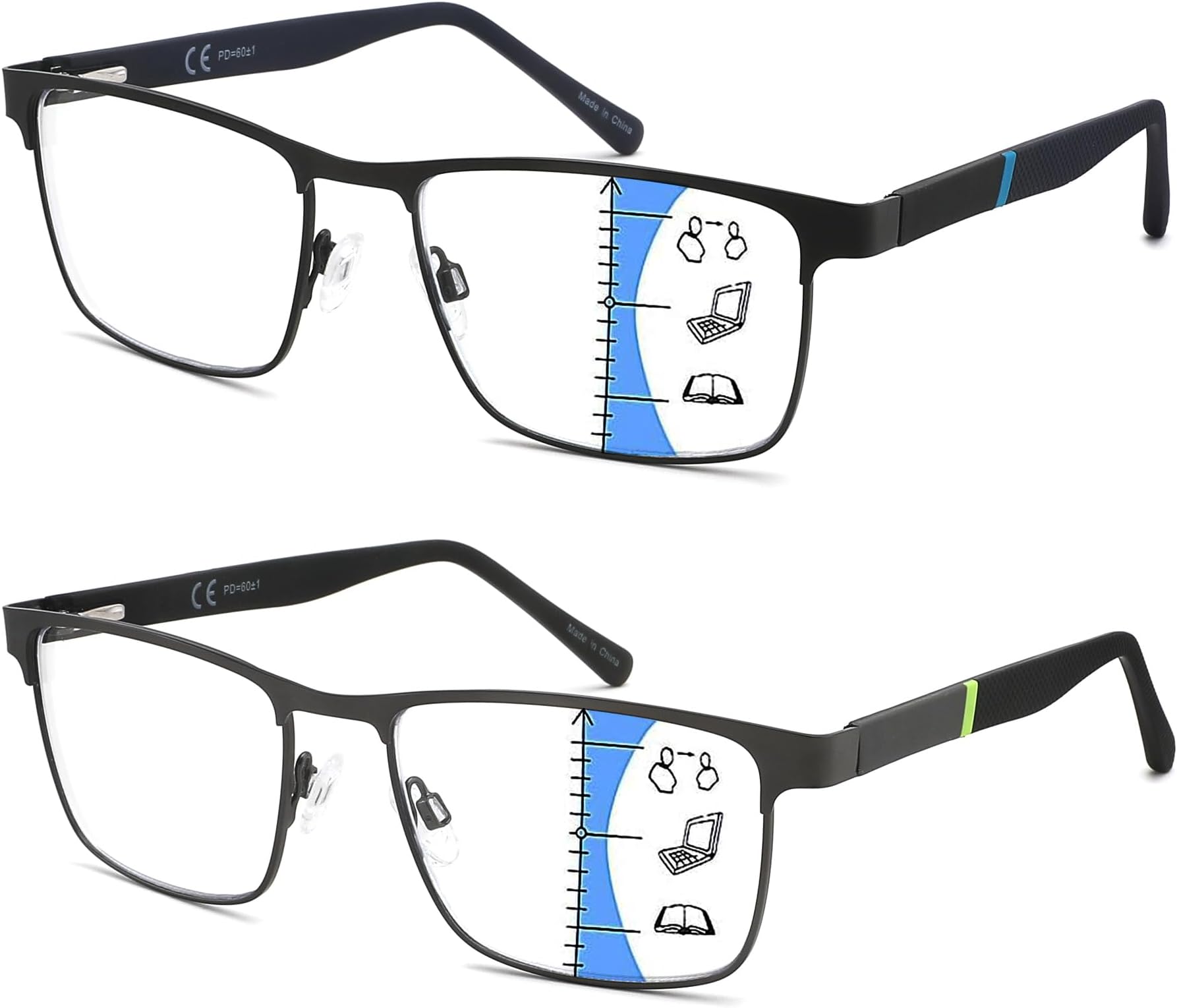 2 Pack Progressive Multifocal Reading Glasses For Men,Upgraded Premium Multifocus Blue Light Blocking Readers Metal Frame Spring Hinge,Anti Glare/Eyestrain Cheaters Eyeglasses 1.5x