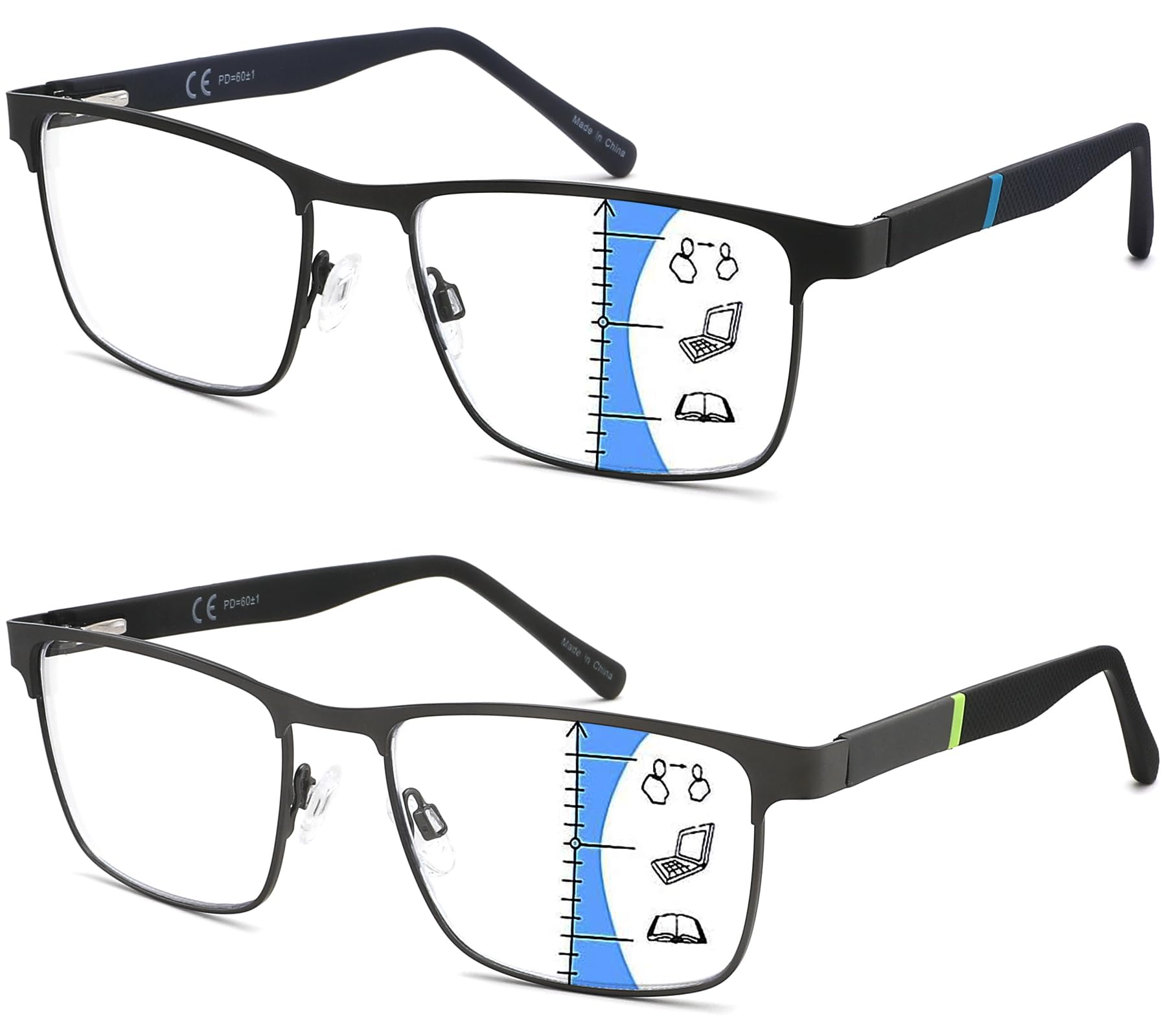 Readersoul 2 Pack Progressive Multifocal Reading Glasses For Men,Upgraded Premium Multifocus Blue Light Blocking Readers Metal Frame Spring Hinge,Anti Glare/Eyestrain Cheaters Eyeglasses 2.25x