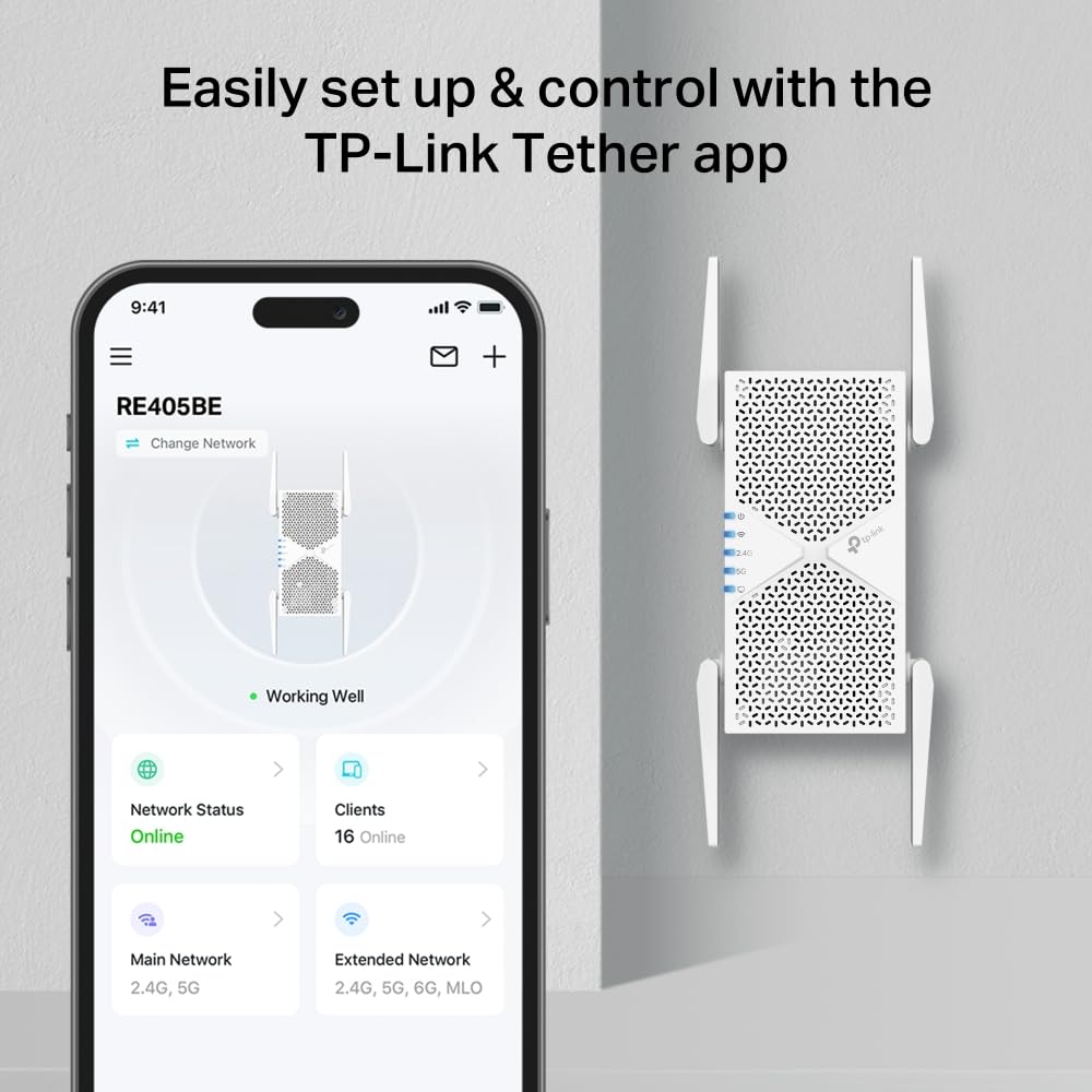 TP-Link RE405BE Wi-Fi 7 WLAN Verstärker Repeater(5764 Mbit/s 5GHz, 688 Mbit/s 2,4GHz, MLO, 2,5G-Port, EasyMesh, kompatibel mit Allen WLAN-Routern inkl. Fritzbox) | WLAN-Signalverstärker. Ethernet-Anschluss. EasyMesh kompatibel WPS-Taste für einfache Einri