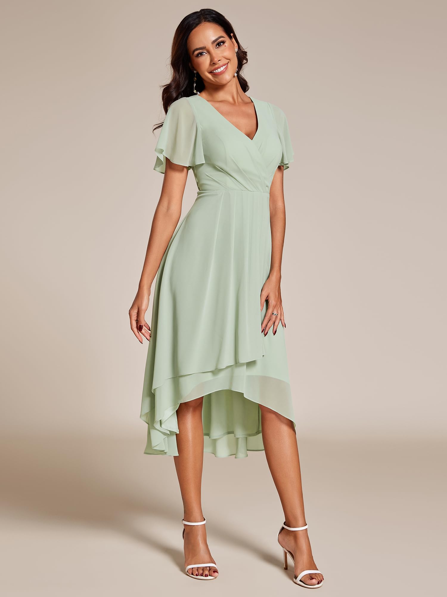 Ever-Pretty Damen Sommer Chiffon Plissee V-Ausschnitt Kurz Hochzeit Gäste Kleid mit Rüschen Ärmel 01923