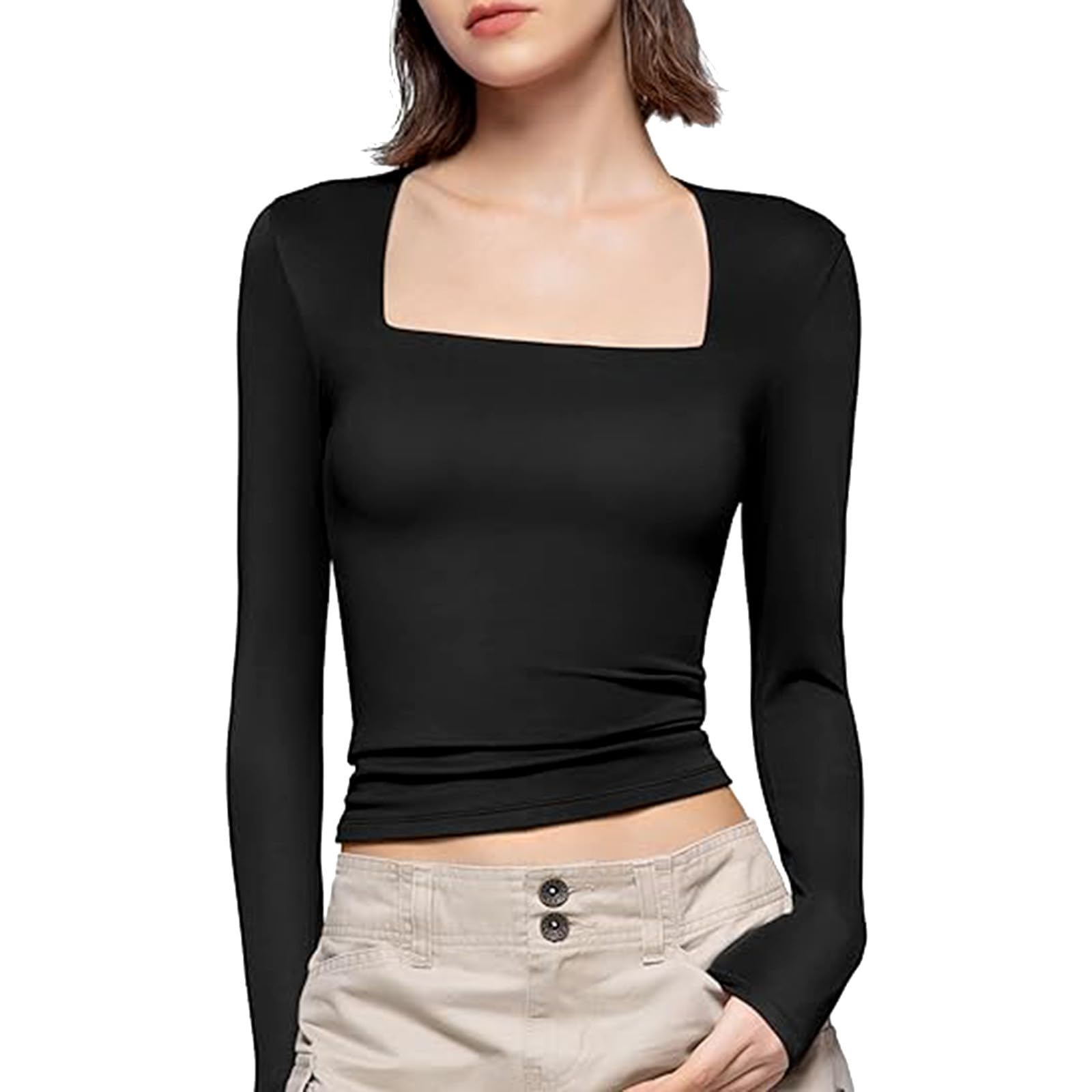 t Shirt Manche Longue Femme col carré Haut Femme Chic et Elegant Soiree Decollete sous Vetement Thermique Femme Sexy Slim fit ajusté Tee Shirt de Nuit Quotidien Ideal Blouse Tops