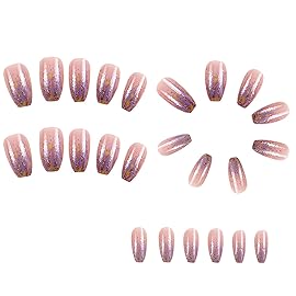 Short Press on Nails Square,RTKHFZE Glitter Fake Nails Glossy Nude False Nails Full Cover Acrylic Stick on Nail 24Pcs Nails Press ons for Women