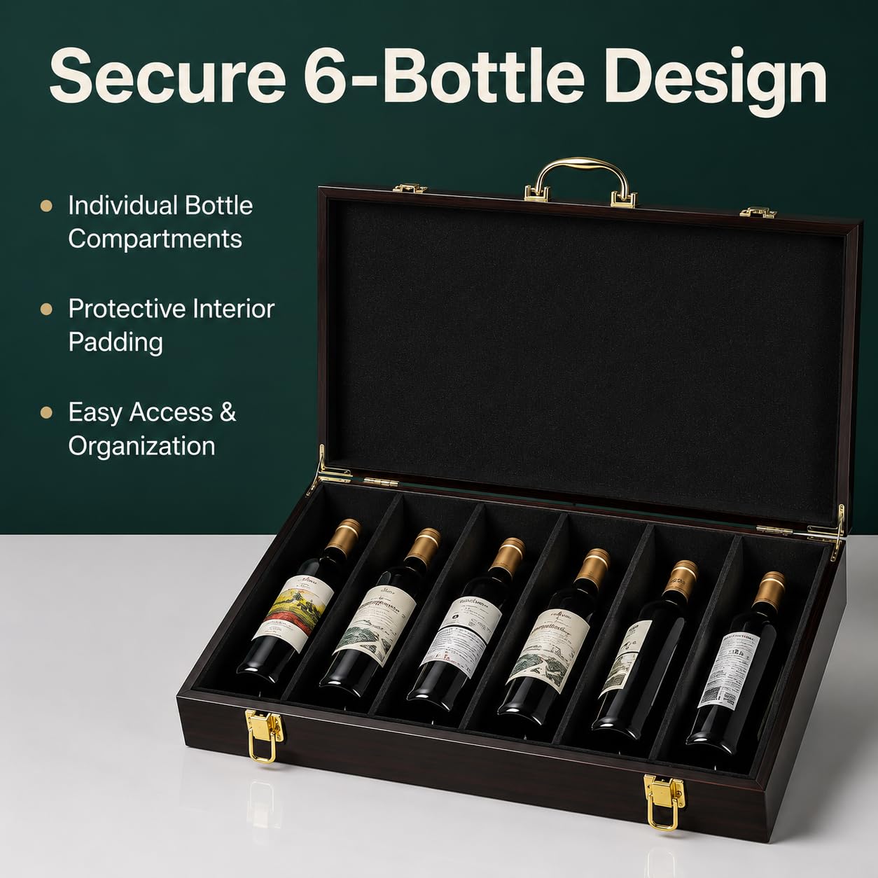 Scatola per Vino in Legno di Ebano o Sandalo Rosso, Cassetta Legno per 6 Bottiglie, Confezione Regalo Vino con usura in Metallo