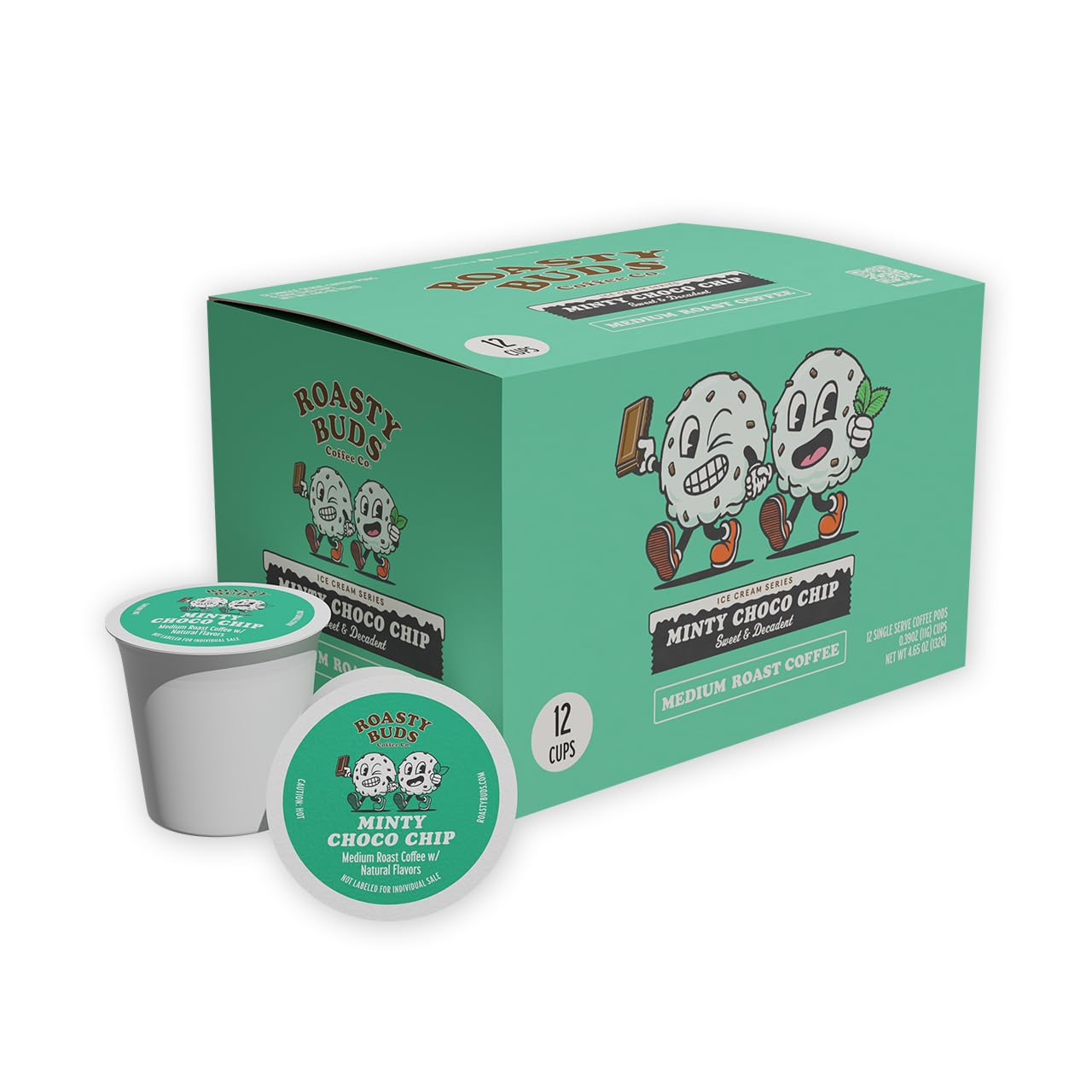 Roasty Buds Coffee Mint Chocolate Chip Pods 48 Count | Single-Serve 11g Per Pod | Recyclable, Gluten-Free, Non-GMO, No Sugar/Dairy/Soy/Egg