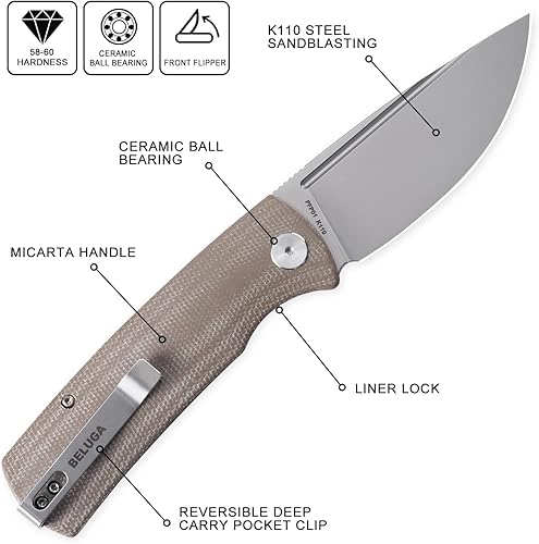 Miniatura 8 de Petrified Fish PFP01 k110 - Cuchillo plegable de acero con mango de micarta, aleta frontal, para exteriores, campamento, supervivencia, caza, EDC