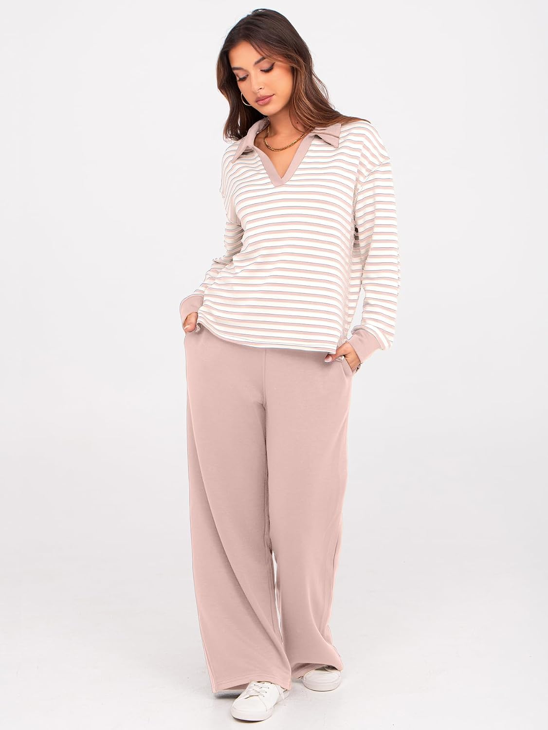 Glamaker Women's 2 Piece Sets Outfits Casual Long Sleeve Sweatsuits Polo Top and Wide Leg Pants Matching Sets