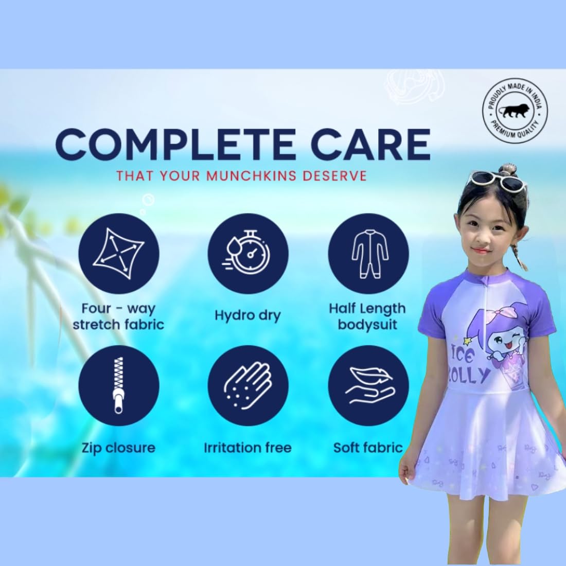 JMT Wear Kids Unisex Swimwear for Boys & Girls | Quick Dry Stretch Swimming Costume | Comfortable Pool & Beach Wear | Multiple Designs & Sizes(Frock Blue,8-9 Y) 2