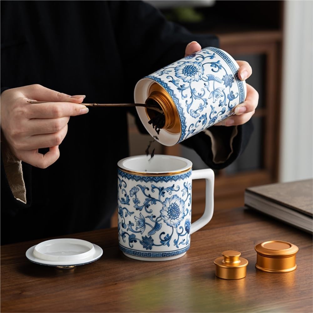 Contenitore per Il tè in Ceramica, contenitori per Il tè Sfuso in Porcellana Blu e Bianca, Filtro per Il tè da Ufficio, Set da tè Cinese, Set da Due scatole per Il tè