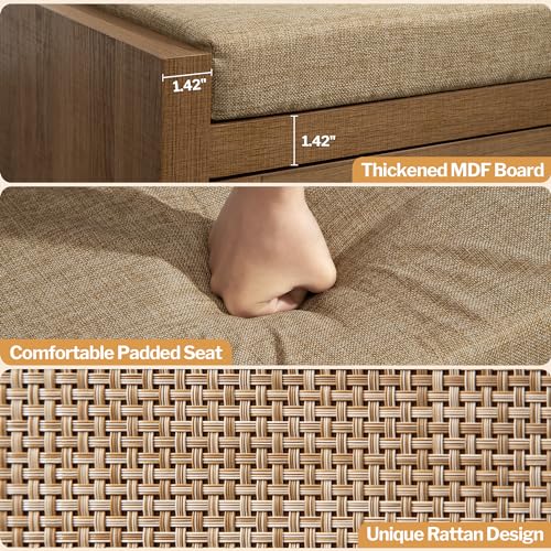 Sicotas SSEWA10004OA Rattan Shoe Bench Entryway Bench With Storage Drawer And Linen Seat Cushion, Farmhouse Boho Shoe Rack Bench With Shelf, Wooden Storage Bench For Entryway Hallway And Bedroom, Natural Oak thumb #4