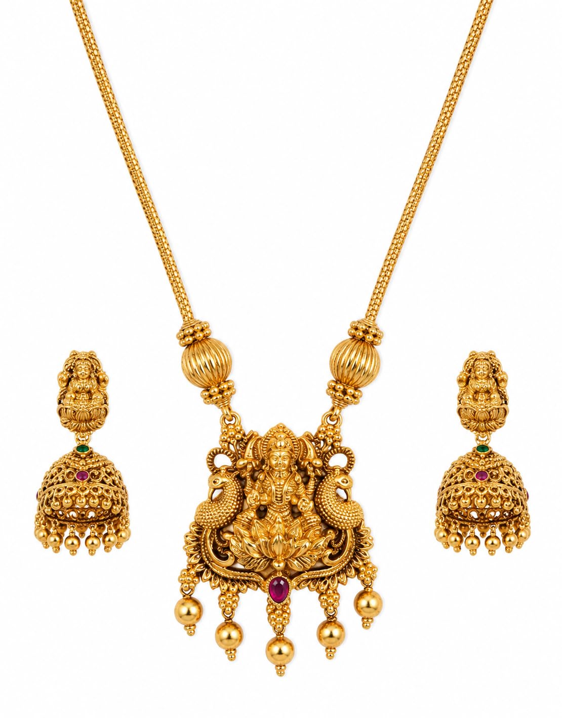 Dhakecha Sales Traditional Gold Plated Temple Jewelry Pendant Necklace Set - Ethnic Goddess Lakshmi & Peacock Motif Pendant with Matching Jhumka Earrings for Women and Girls-image-0