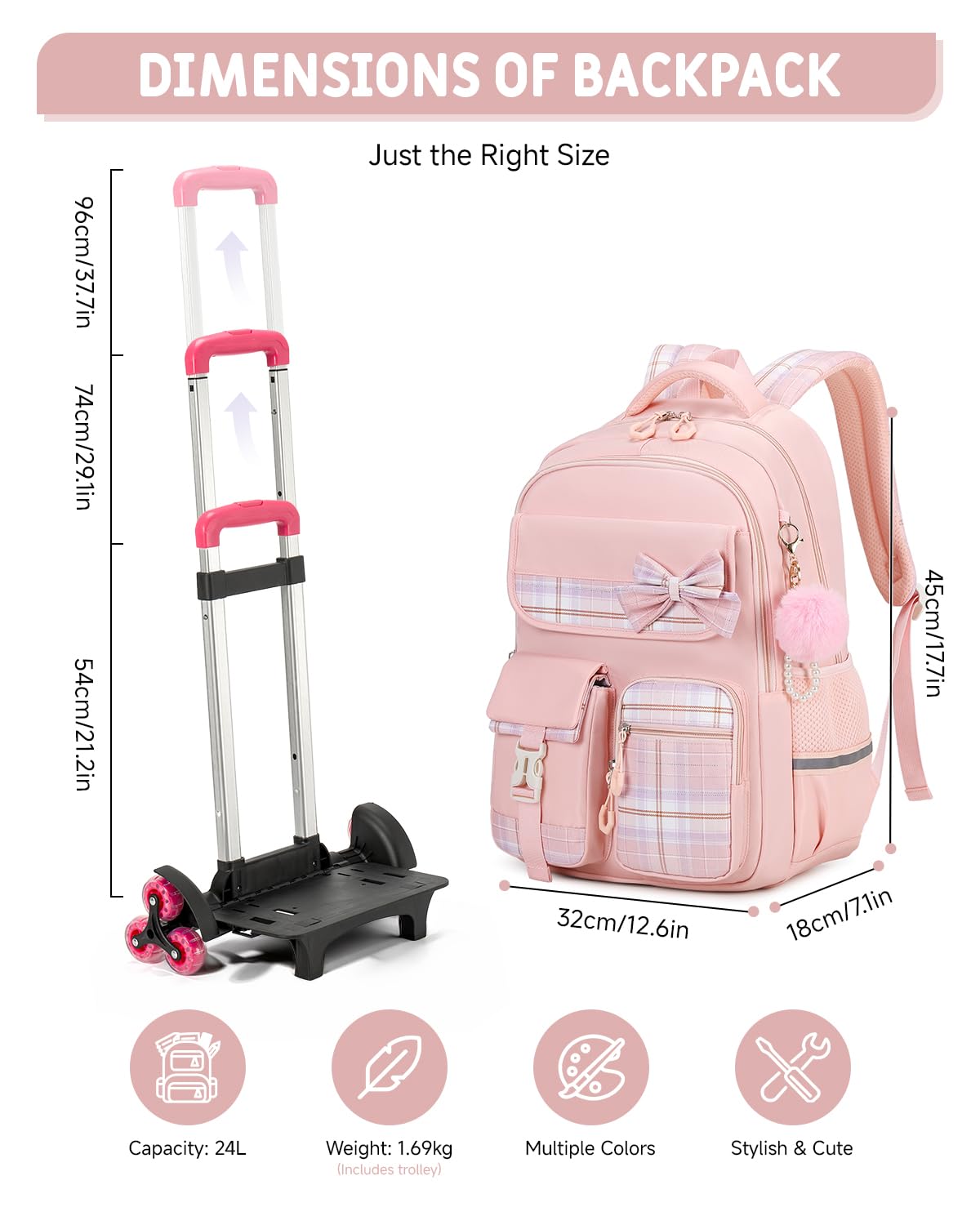 Tanou Cartable a Roulette Fille pour École Primaire et College, 24L