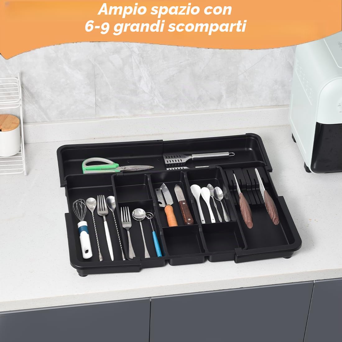 Portaposate Espandibile da Cucina con 2 Ceppi Rimovibili per Coltelli, Organizer Regolabile per Posate e Utensili da Cassetto (Nero 2)