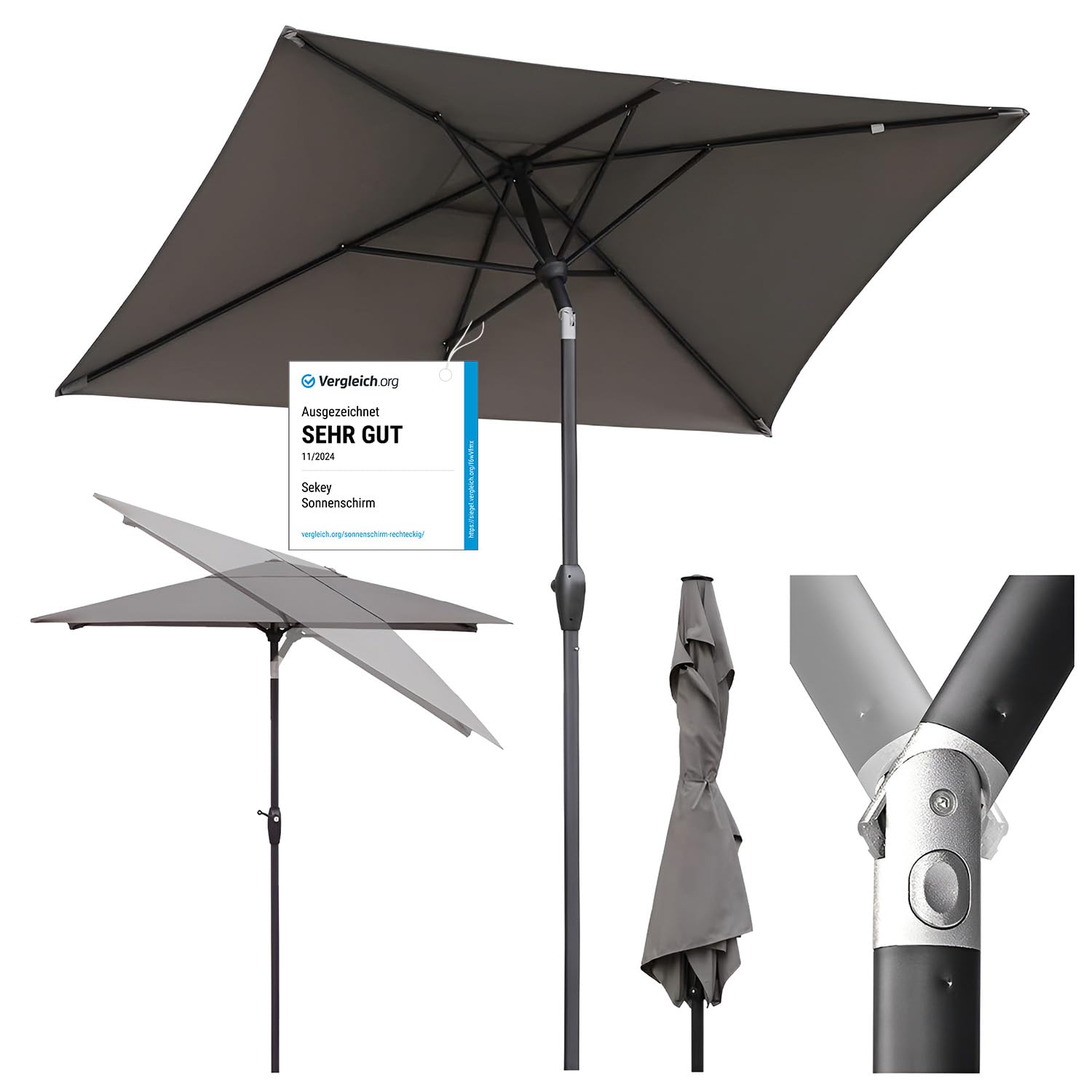 KESSERu00ae Sonnenschirm Balkonschirm Rechteckig LED Solar Mit Kurbel Inkl. 2in1 Schutzhu00fclle, Gartenschirm, Schirm 205 U00d7 125cm Fu00fcr Balkon Garten & Terrasse Verstellbar Knickbar Anthrazit