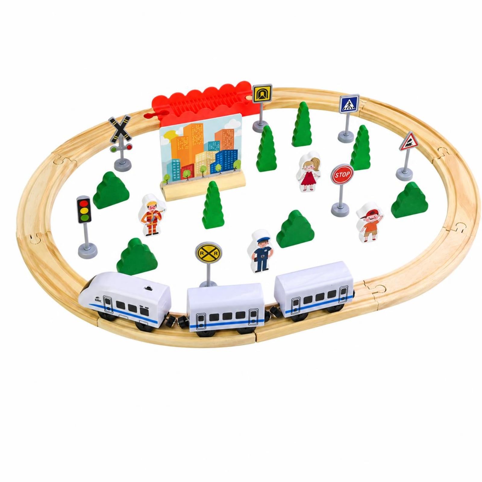 harayaa 35 Pezzi Treno di Pista Binari Giocattolo Elettrico Accessori Alberi Figurine Stimola Narrazione E Costruzione Del Circuito Adatto a Bambini E