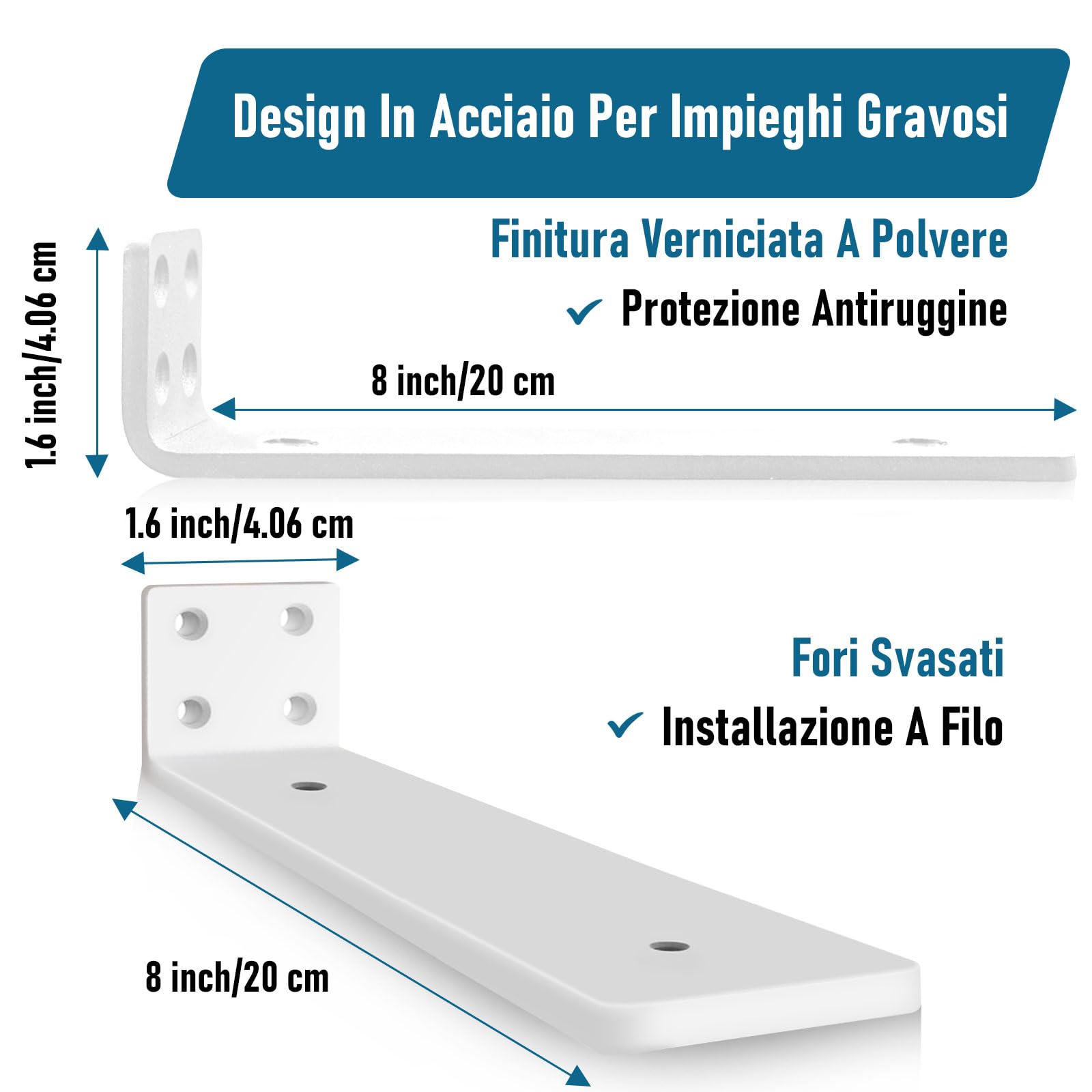 2 Pz Staffe per Mensole Pesanti, Reggimensola Supporto Reggi Mensola da Muro, Staffe a L Angolari Metallo per Montaggio Mensola Legno (Bianco, 20 cm)