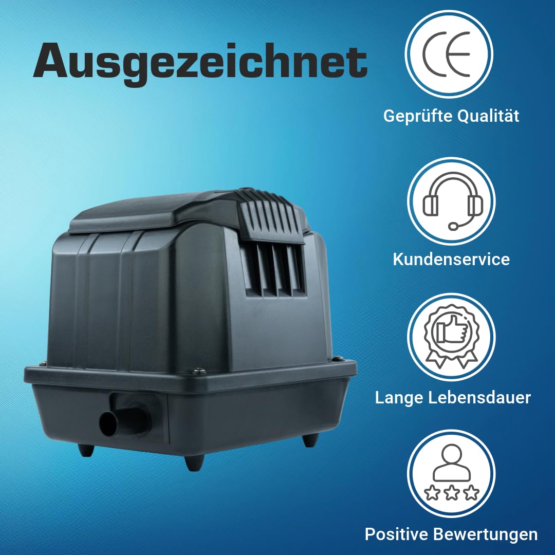 Teichbelüfter 3600 L/H stufenlos regulierbar, 35 Watt Sauerstoffpumpe für Teich, Membranpumpe 60 L/Min, Teichbelüftung, Luftpumpe Teich, Belüfterpumpe für Gartenteiche, Teichbelüftungspumpe