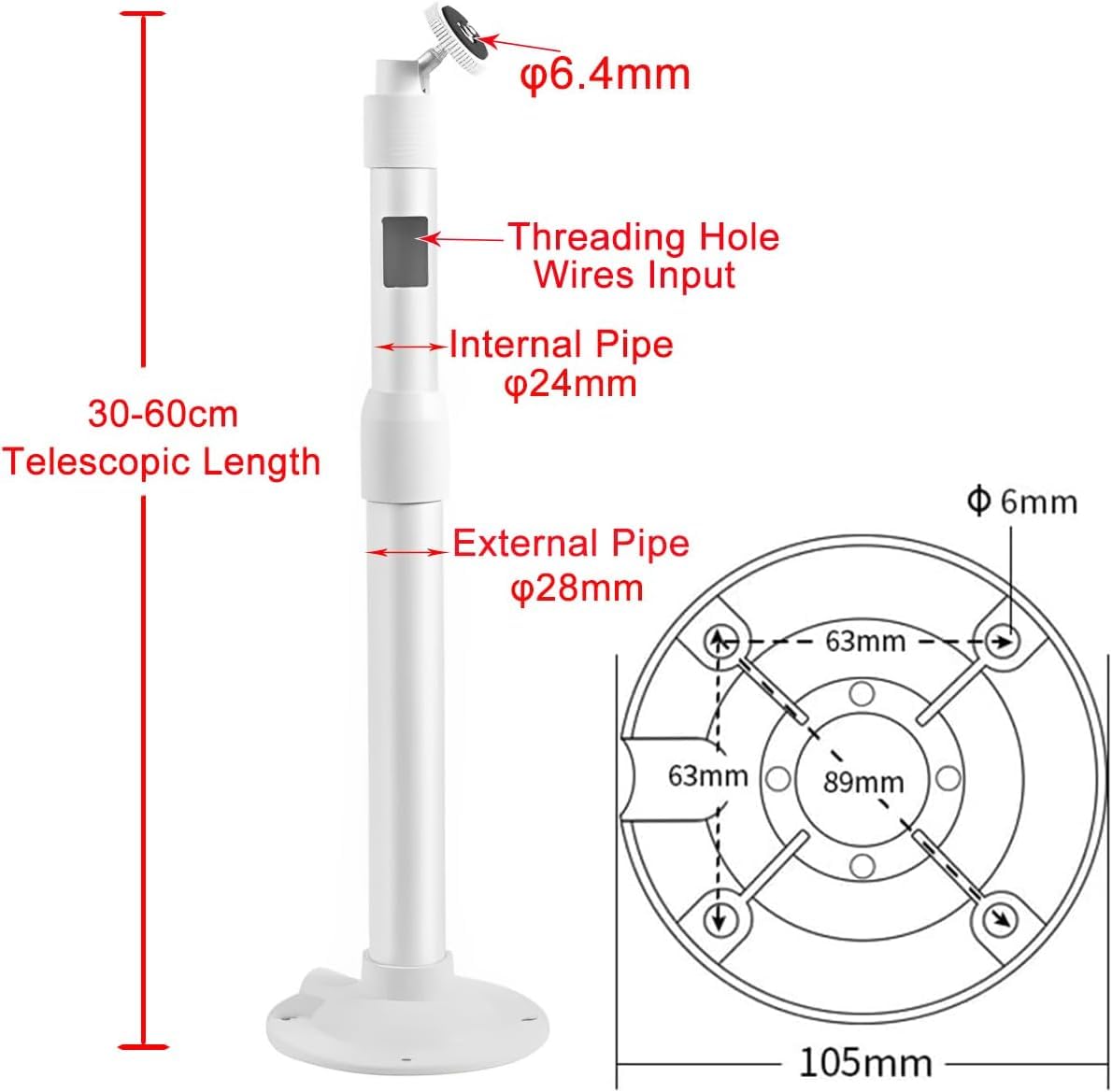 Soporte de Montaje Extensible para Cámaras Vigilancia Seguridad,30cm-60cm Ajustable Soporte de Montaje para cámara IP CCTV, Rotación de 360° Poste Montaje para Cámara de Vigilancia (Blanco)
