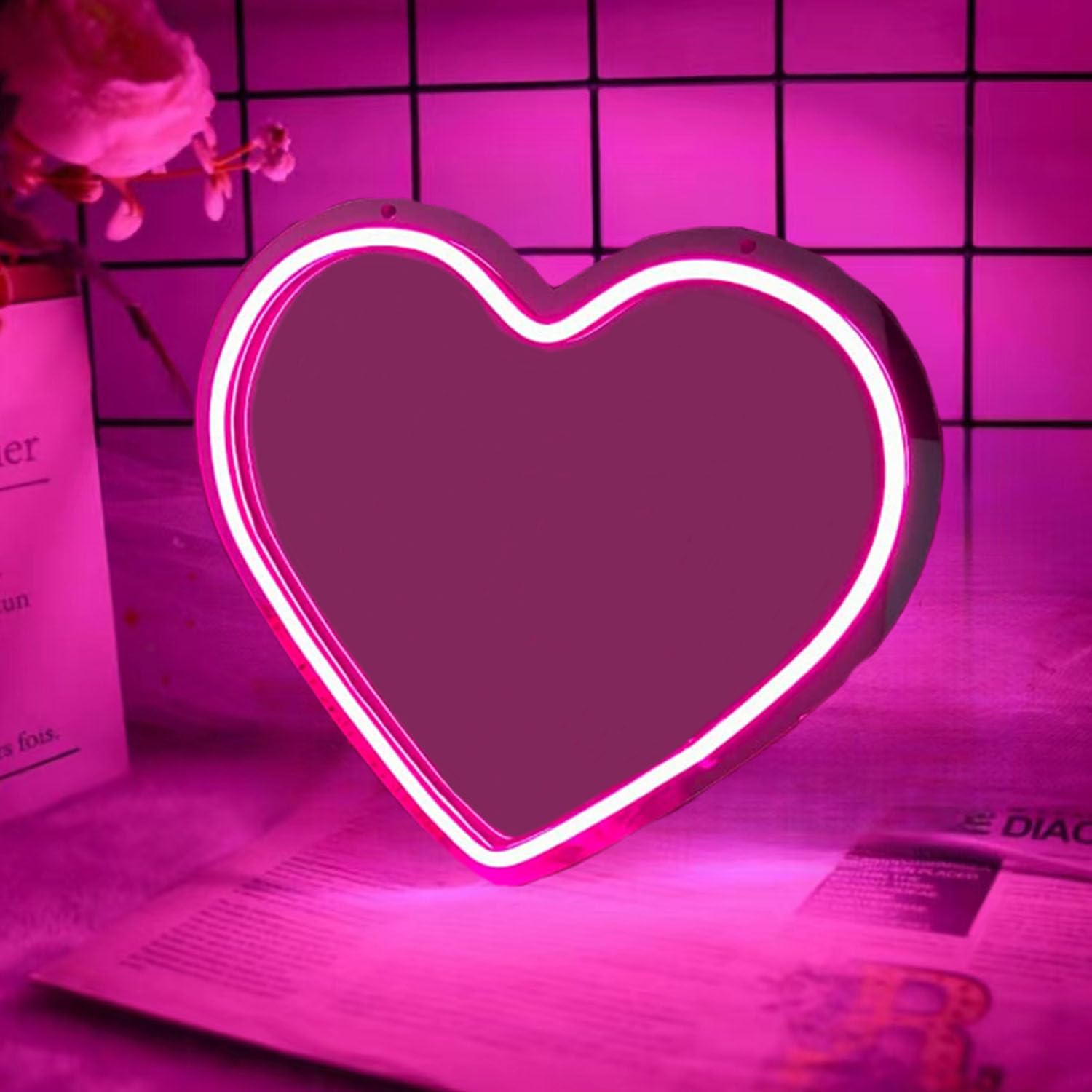 ネオン 鏡 ピンク ハート型 大きめハート型ネオンミラー ネオンライト 鏡 - メルカリ