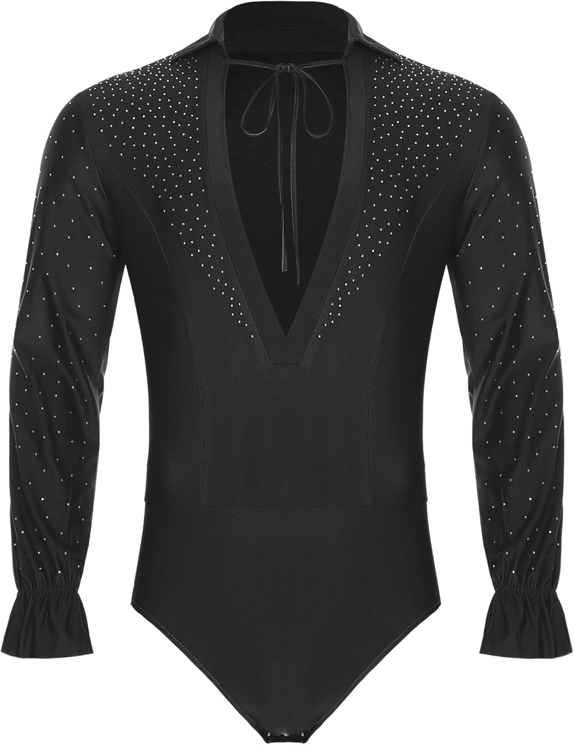 Men Latin Ballroom Dance Shirt Jazz Dance Leotard V Neck Long Sleeve Shiny Bodysuit Ballet Dancewear
