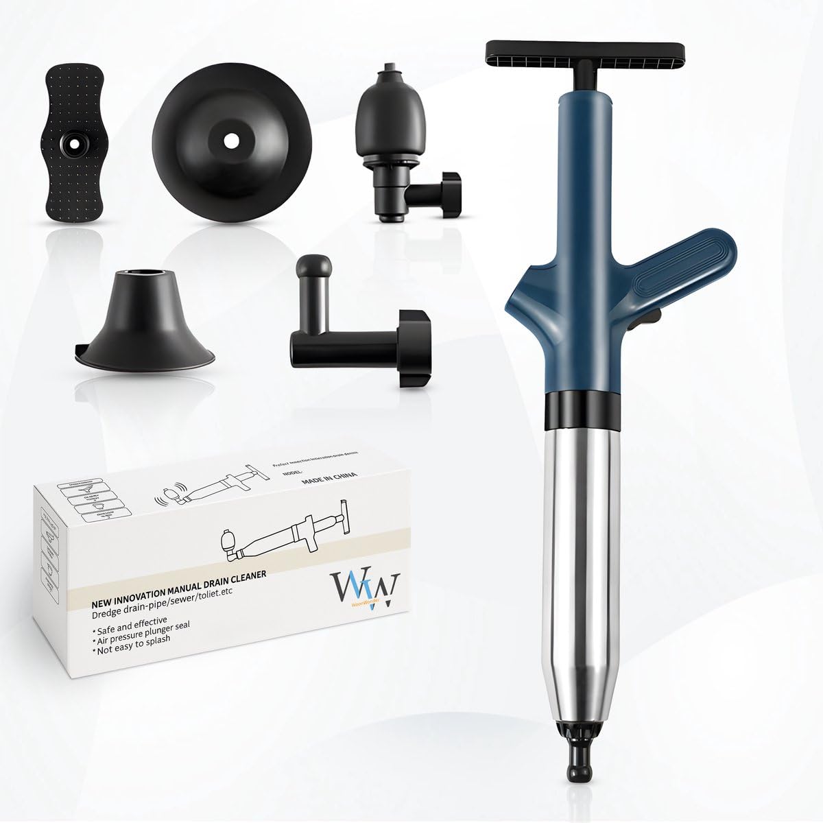 Professioneller Luftdruck Pumpe Entstopfen - 4 Entstopfungsköpfe - WC Waschbecken Abfluss Kanalisation - Edelstahl - 0-8 Bar