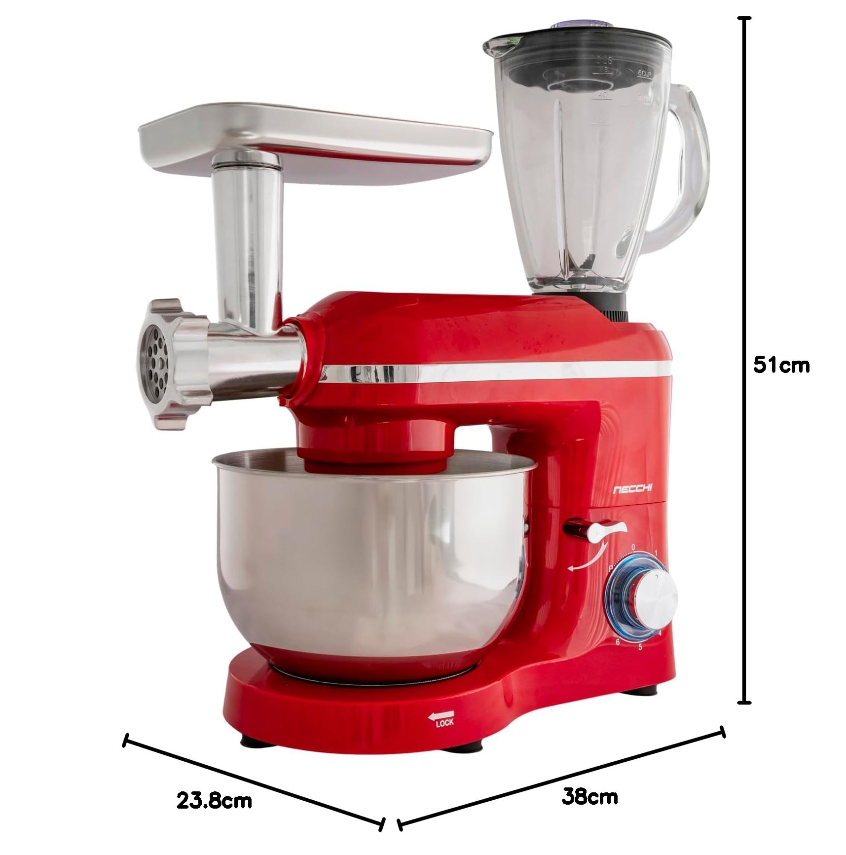 Necchi - NKSM1518BM Impastatrice planetaria, 1400W, 6 velocità + pulse, tre fruste, ciotola in acciaio da 5.5 lt, bicchiere frullatore da 1.5 lt, tritacarne e affettaverdure