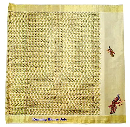 Image of Women's Mural Printed Kerala Gold Tissue Saree with Running Blouse Piece | Traditional South Indian Ethnic Saree for Festivals, Weddings & Special Occasions