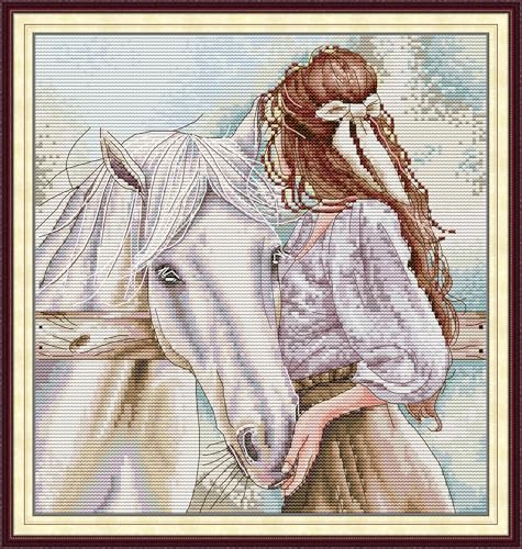 Threadhaven Cross-Stitch Kit 14CT Aida Counted Embroidery Complete Set with Fabric, Threads, Needles & Chart-Premium Beautiful Girls Design for Adults & Beginners- Girl with a Horse 12.2''×13''