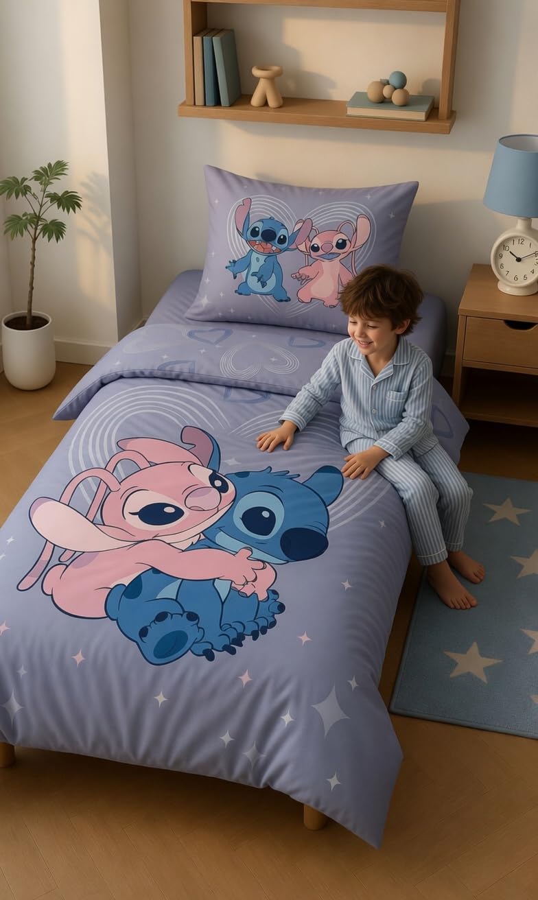 Stitch i Angel Pościel 140x200 + Poszewka 65x65 Polibawełna Oeko-Tex Disney | Odwracalna pościel jednoosobowa | Polibawełna Oeko-Tex szybkoschnąca | Disney | Nastolatki | Prezent | Do prania w pralce