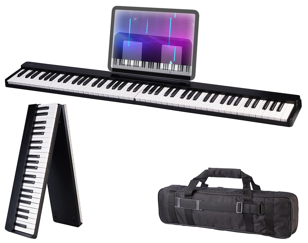 auvisio E Piano: Faltbares Klavier, 88 halbgewichtete Leuchttasten, MIDI, App, Tasche (MIDI Keyboard 88, Keyboard-Pianos, Party)