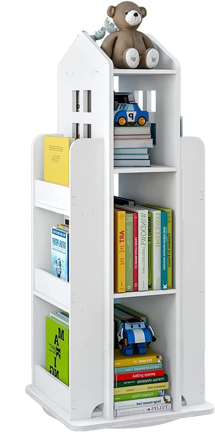 petour 3-Tier Rotary Bookshelf Childrens Bookcases 360° Rotating Storage Display Rack Floor Standing Swivel Bookcase for Bedroom Living Room Study Office White