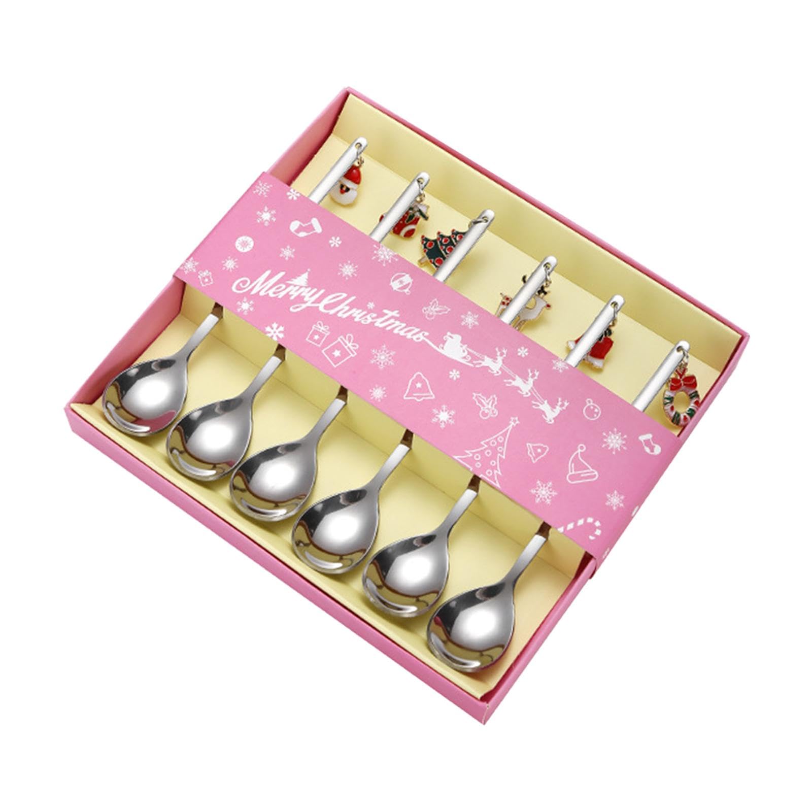 Bothyi 6Pcs Christmas Spoons Set,Stainless Steel Dessert Spoons,Xmas Cutlery Kits,Flatware Cutlery Set,for Christmas,Dessert,Holiday, silver