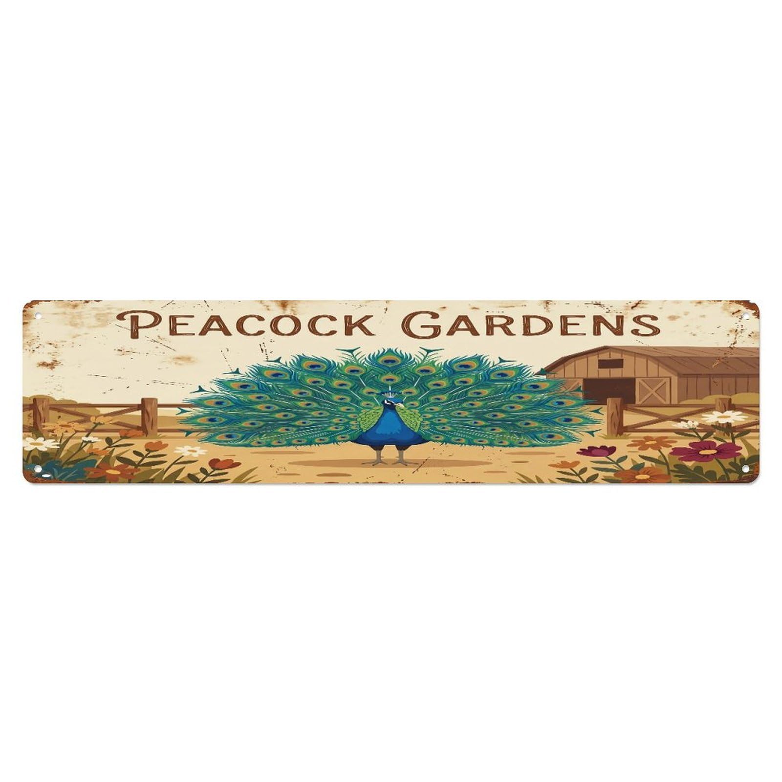 Metal Tin Sign Vintage Peacock Farm Scene Peacock Gardens