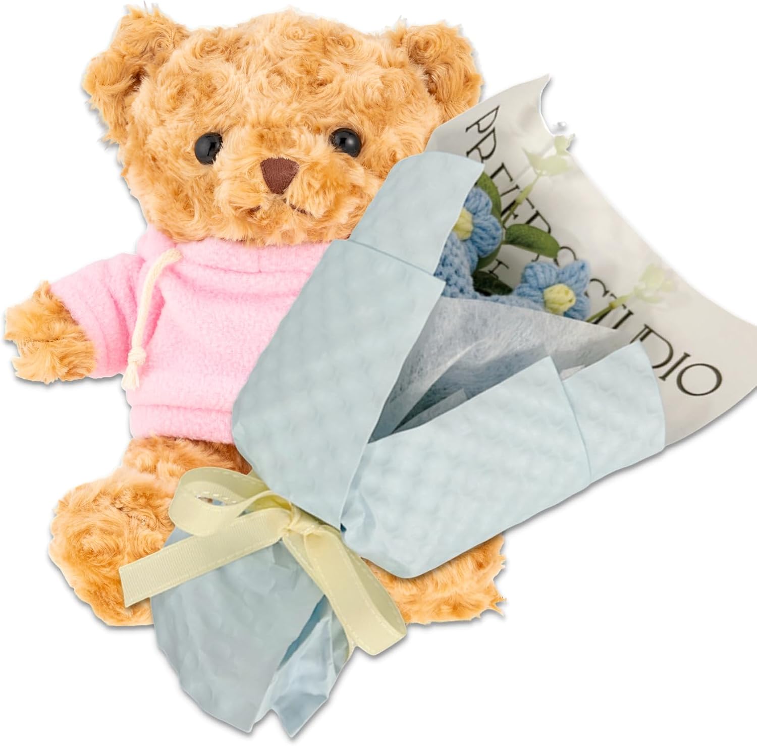 Q-FLA and3 894992 Artificial Flower Gift, Summer Knit Bouquet, BL, Puff Bear Hoodie, White, Bouquet, Present, Sewing Clothing