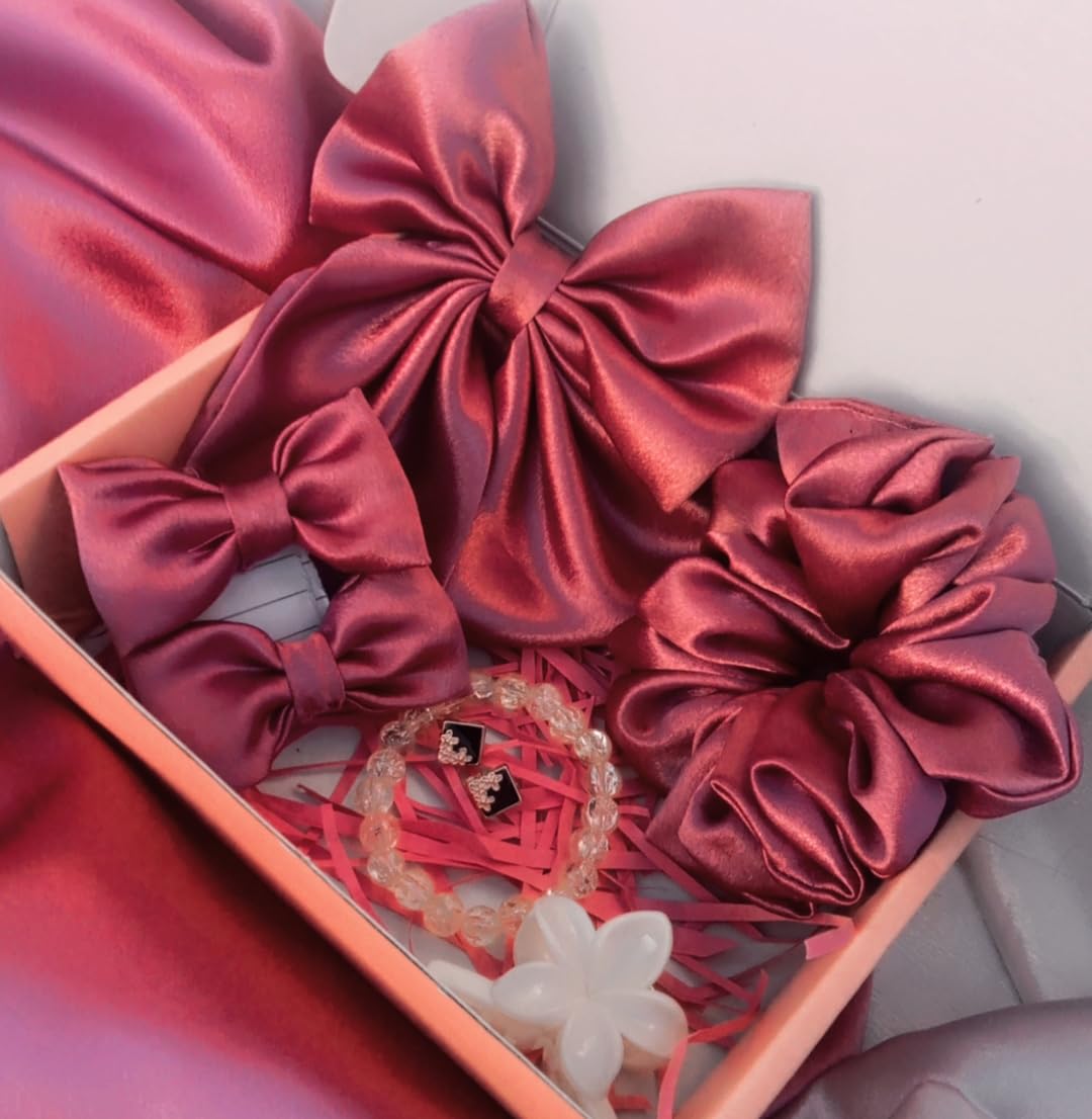 Premium wine/pink Satin Hair Accessories Gift Set – Bow + Scrunchie +bow clips + Bracelet + random claw clip + earrings (black theme)-image-21