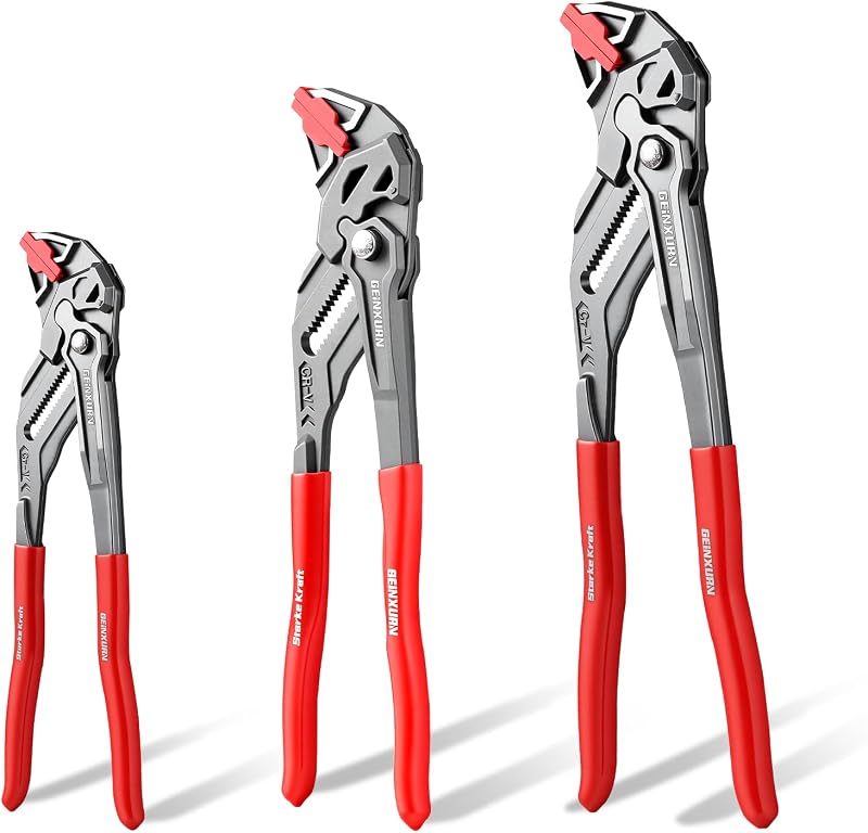 GEINXURN 7/10/12-Inch Pliers Wrench, 1PC Smooth V-Jaw Pliers with 24-Position Push-Lock, Fast Adjustable Slip Joint Pliers Set for Plumbing, Home Repair, and Pipe Fittings