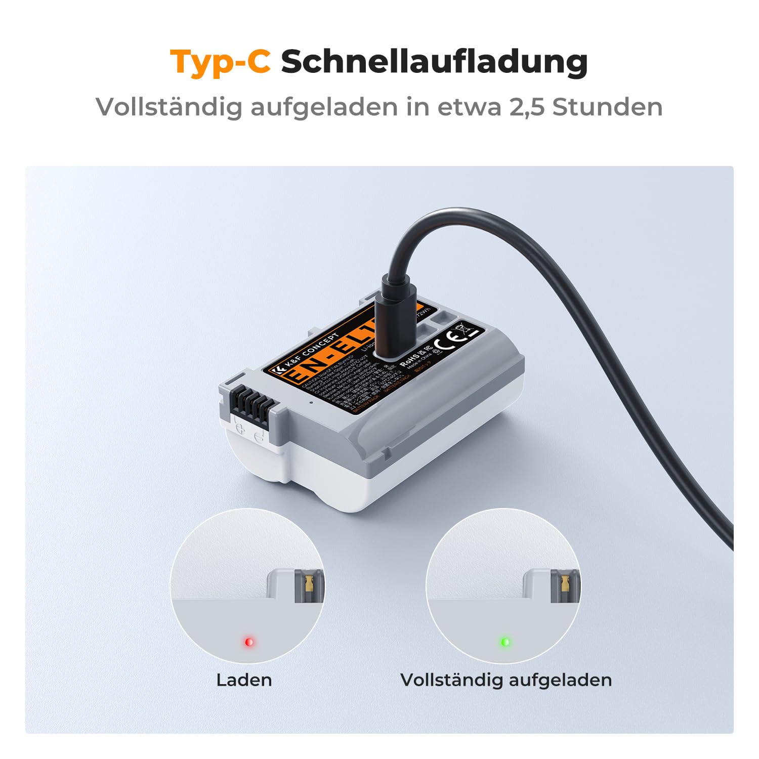 K&F CONCEPT EN-EL15C 2600mAh Kamera-Akku mit großer Kapazität und Typ C Direktladeschnittstelle für Nikon Z7 II, Z6 II, Z5, D850, D810, D810A, D780, D750, D610, D500, D7500