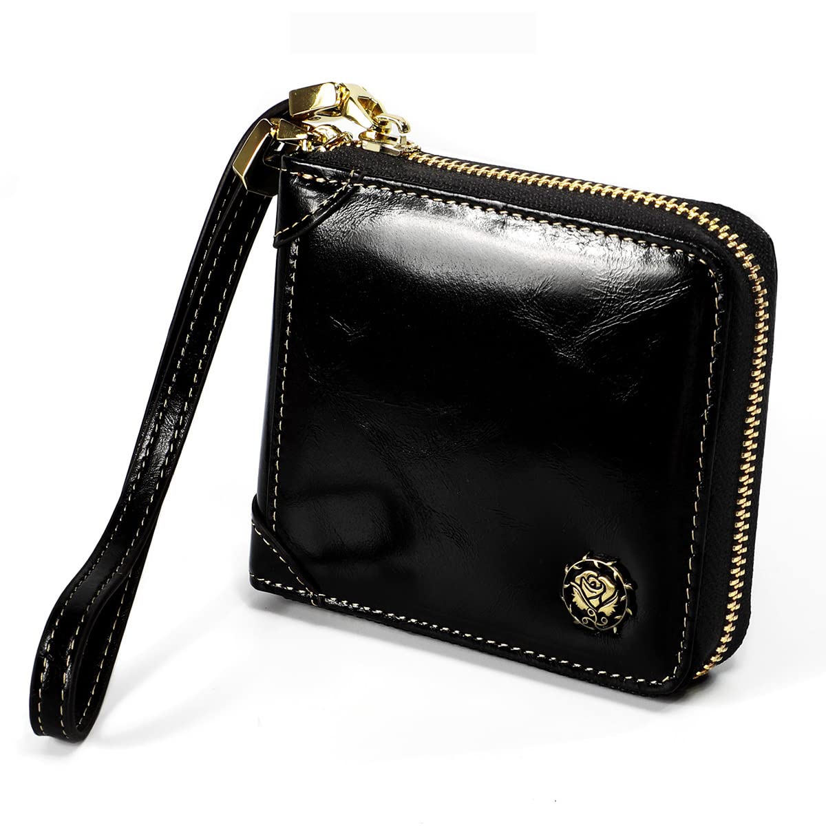 Qvenou Small Womens Wallet, RFID Blocking Genuine Leather Purse Zip Around Credit Card Holder Purse Clutch Wallet with Wristlet (Black)