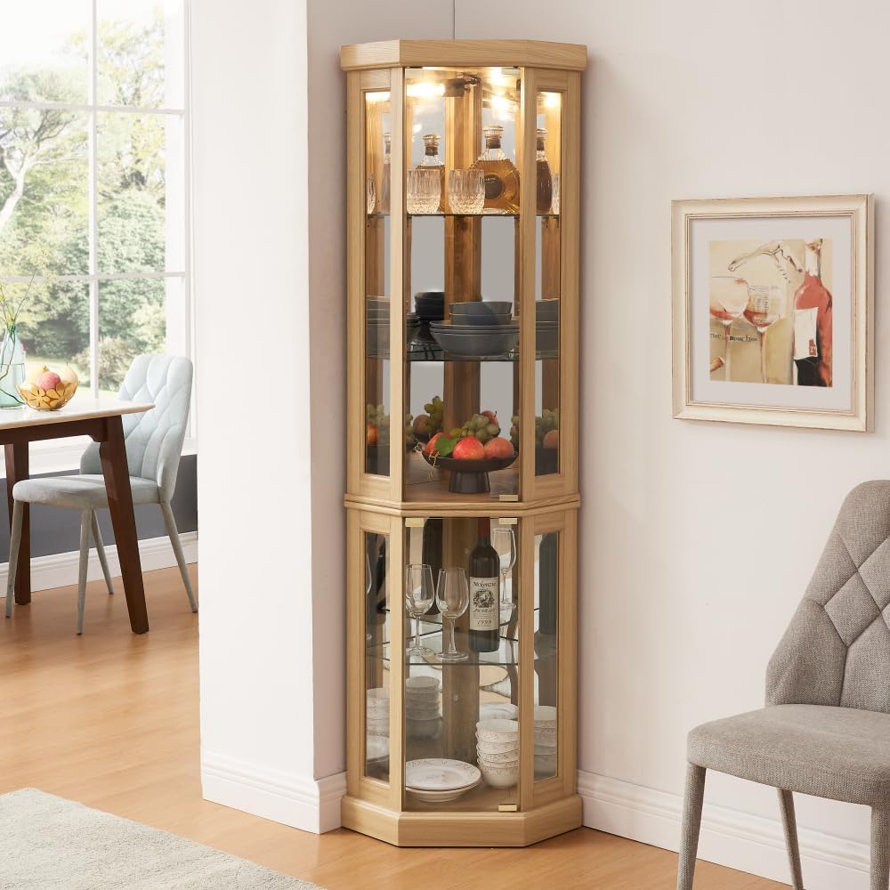 Corner Glass Cabinet Lighted Curio Cabinet Corner Display Case for Living Room, Curio Cabinet, Antique Collection, Wine,Bar Glass Storage Light Included, Light Oak