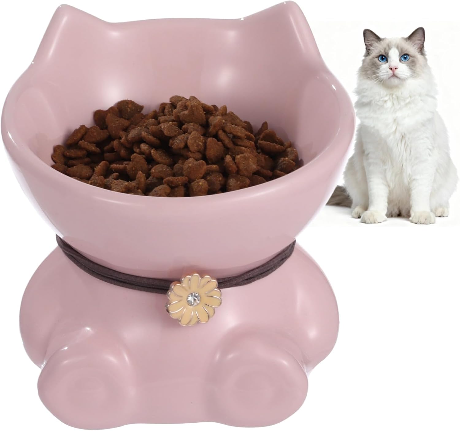 Elevated Cat Bowl, 4.7 in Ceramic Raised Cat Bowl with 15° Tilted & Cat-Ear Shaped Design, Wide Opening Whisker Friendly for Food and Water, Dishwasher & Microwave Suitable (Pink)