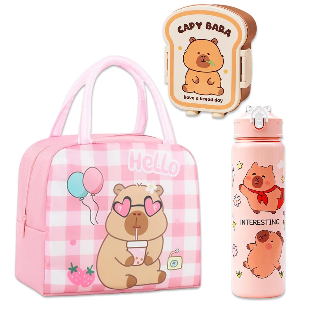 Vexthorion Capybara Lunch Bag Set 3 Pcs, Bento Box & Leak Proof Water Bottle with Straw for Adults,Insulated Thermal Food Carrier Bag for Office School Picnics, Leak-Proof BPA Free Brown (Capybara-4)