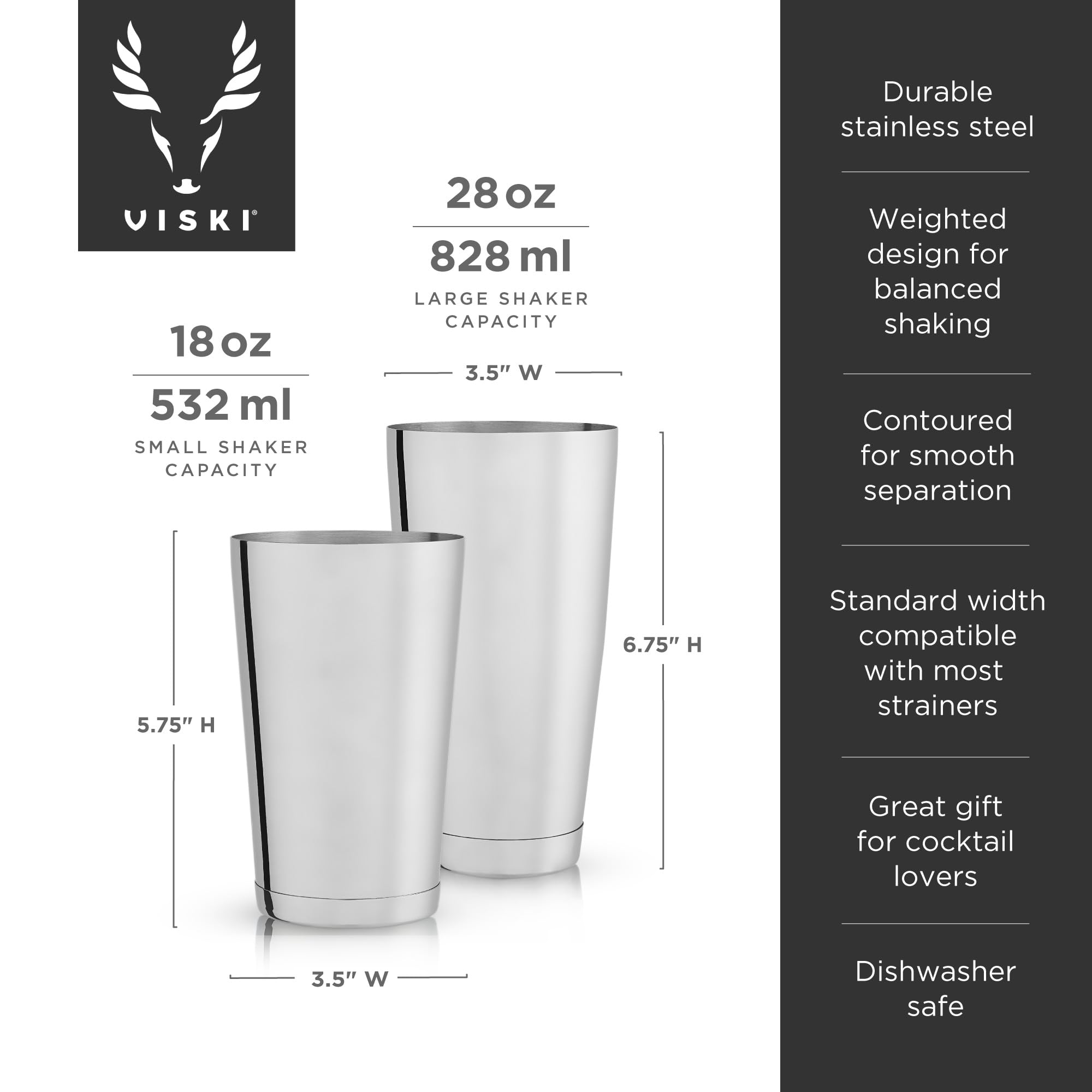 Viski Boston Lot de 2 shakers à cocktail en acier inoxydable Argenté 793,8 g et 510,3 g