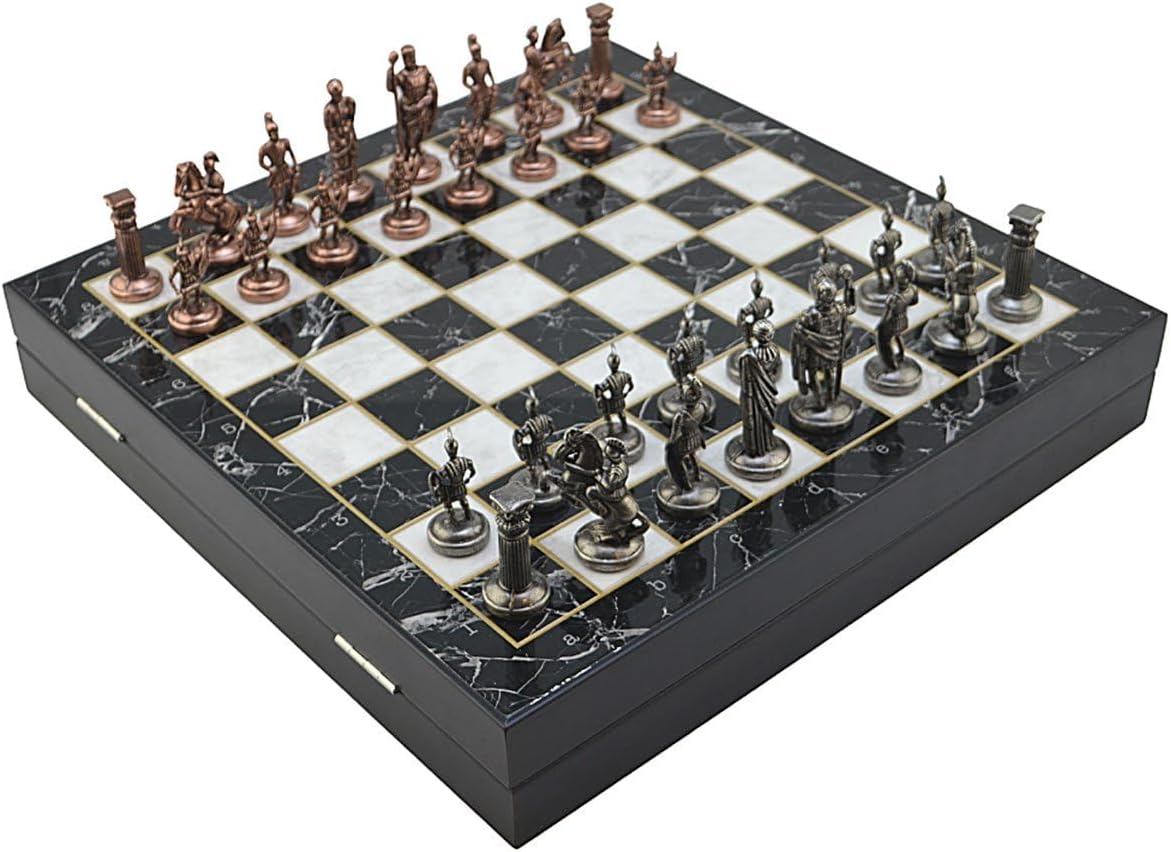 Metal Chess Set for Adults Historical Rome Antique Copper Figures,Handmade Pieces and Different Design Wooden Chess Board with Storage (Marble)