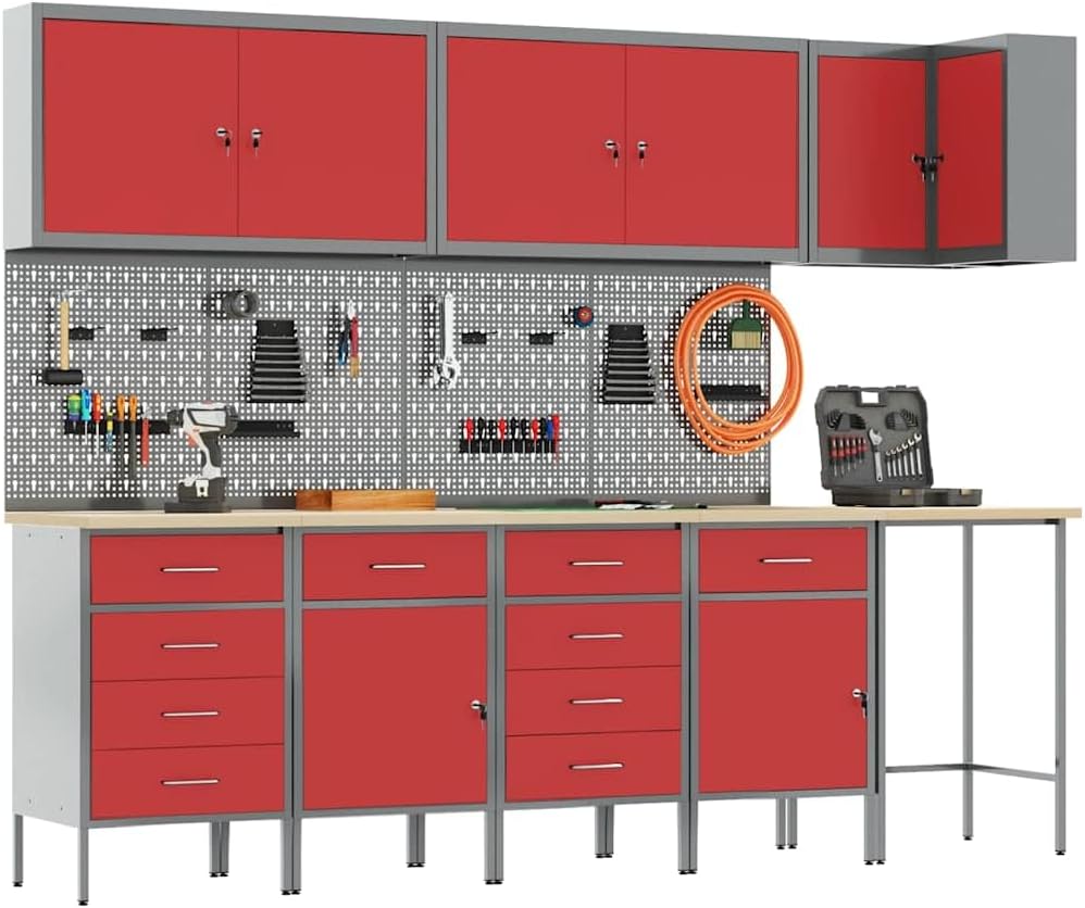Workbench, Garage Work Table, Workshop Workbench, Workshop Workbench Set, 12 Pieces Steel Red